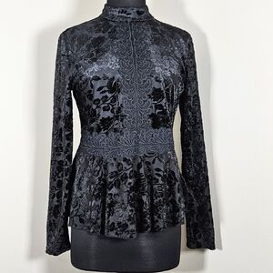 Spense Burnout Velvet And Lace Goth Boho Peplum Blouse Black M Fairy Witchy Chic
